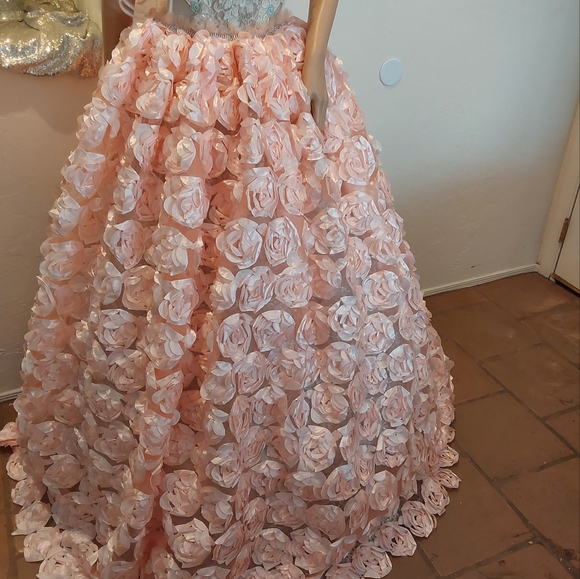 Sample Gown Only "BLOOM" Blush Ivory & Mint 3D Rosette Wedding Gown Set - Picture 13 of 14